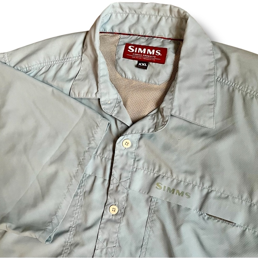 Simms Fishing Shirt Mens 2XL‎ Blue Button Up Cargo Pockets Vented Stretch Mesh